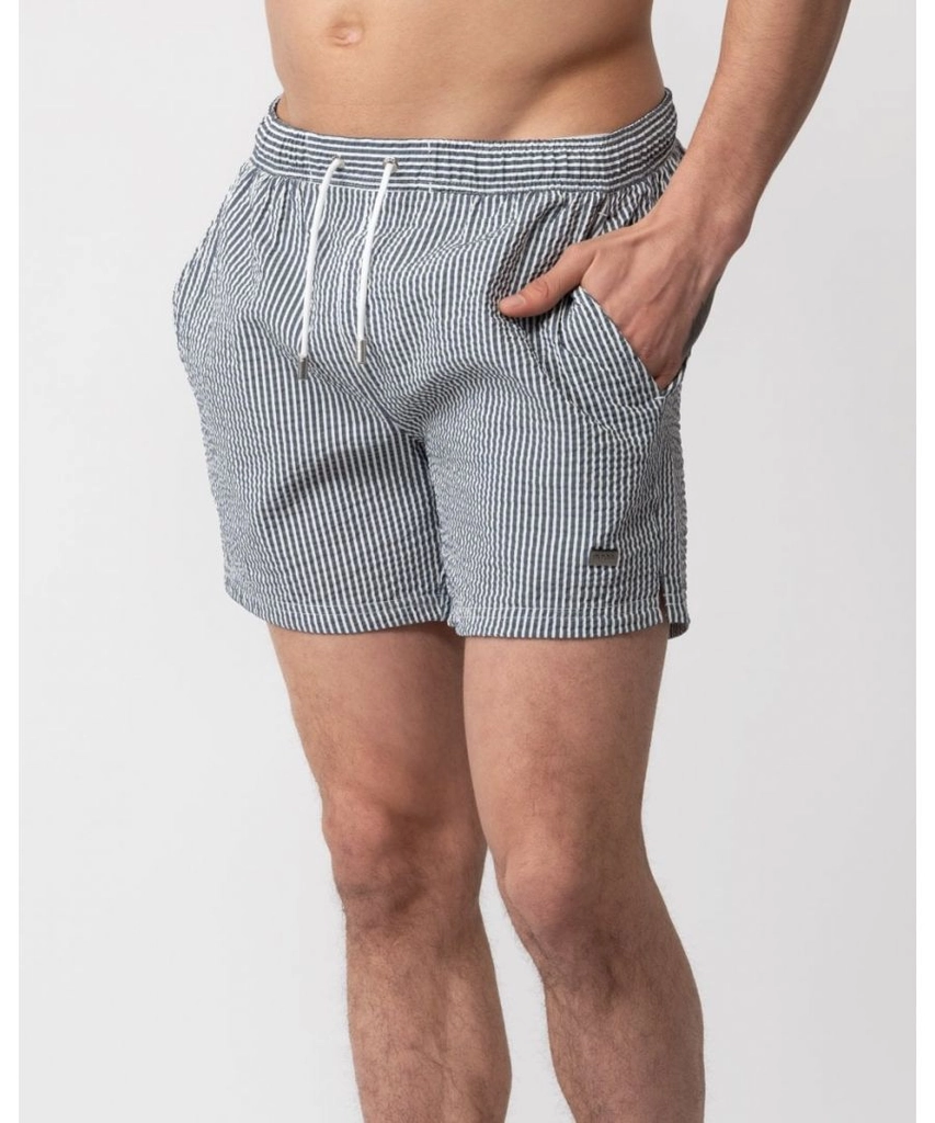 Hugo Boss Velvetfish Mens Seersucker Striped Swim Shorts - White/Navy - Size X-Large